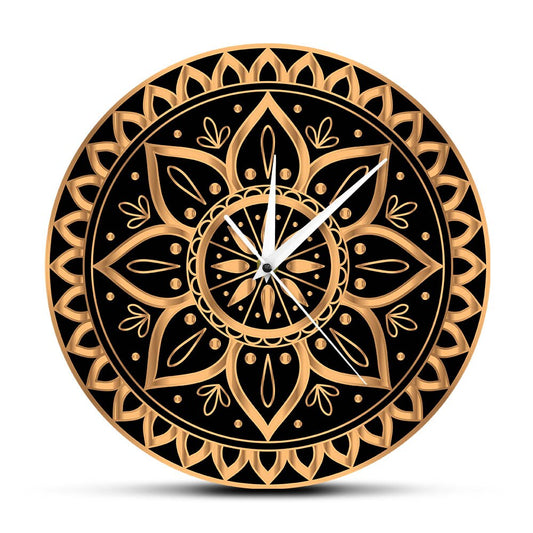 Luxury Gold Black Mandala Ethnic Royal Pattern Vintage Clock Wall Watch Indian Sun Design Yoga Studio Mute Non Ticking Horologe